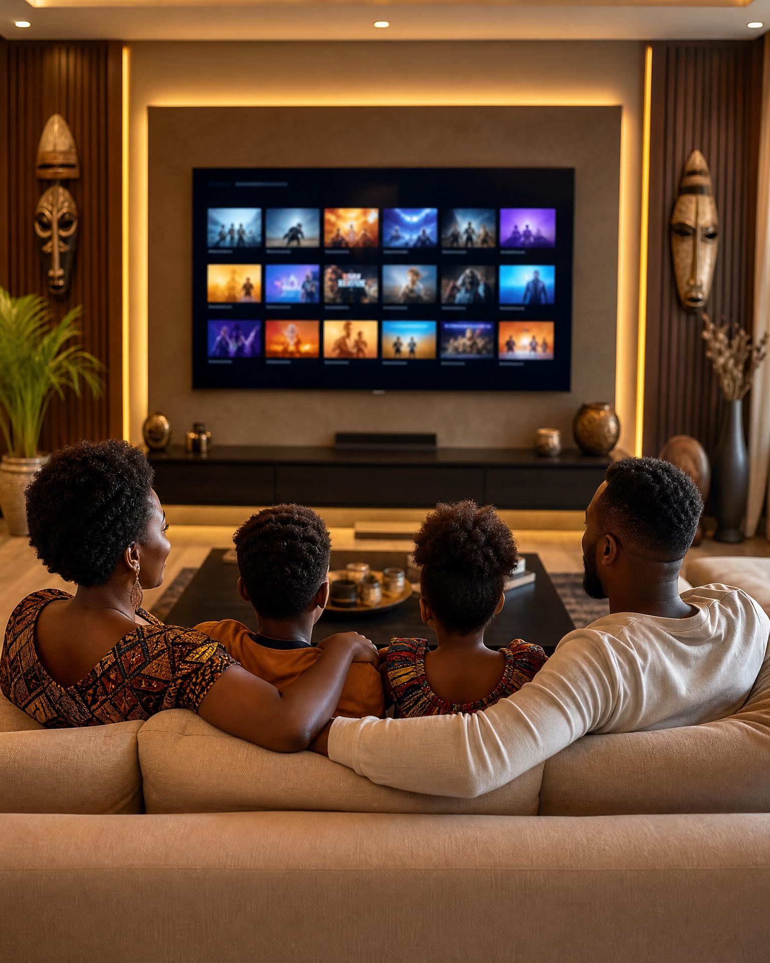 Famille africaine heureuse devant une Smart TV
